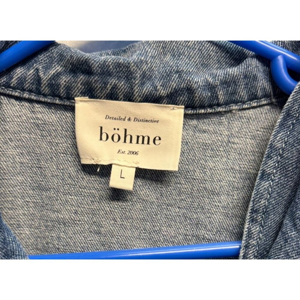 Böhme Womens Denim Jacket Distressed Light Wash Large Elastic Hem & Snap Pockets - Picture 2 of 10